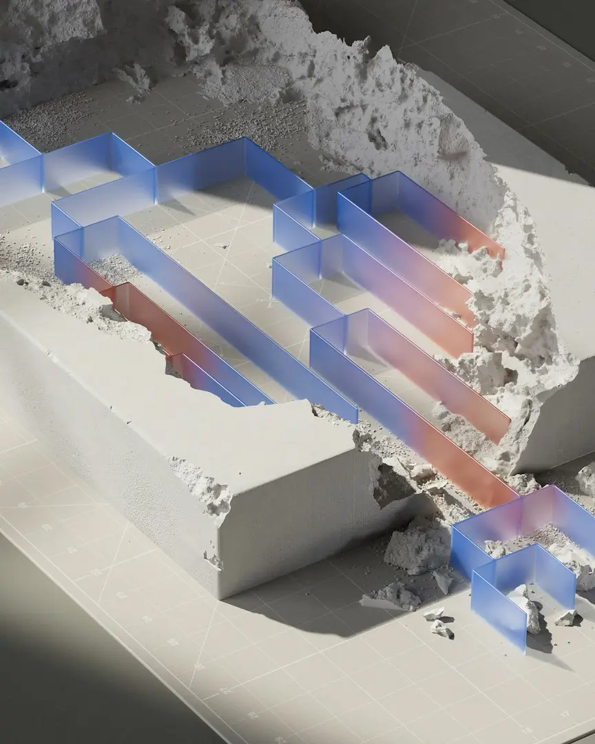 a cut in half picture of a building with blue and red arrows